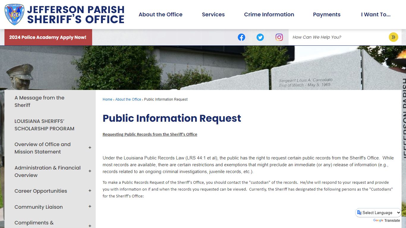 Public Information Request | Jefferson Parish Sheriff, LA - JPSO